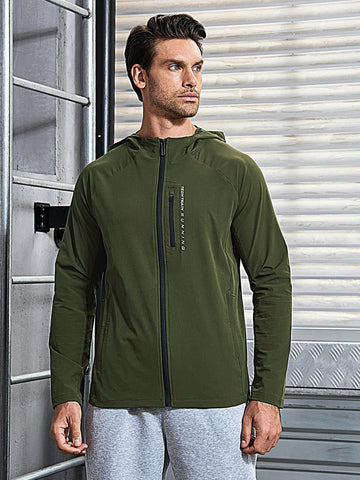 Men Letter Graphic Zip Up Hooded Sports Jacket Workout Tops