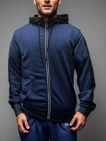 Men's Hooded Sports Jacket With Kangaroo Pocket And Drawstring Design Workout Tops