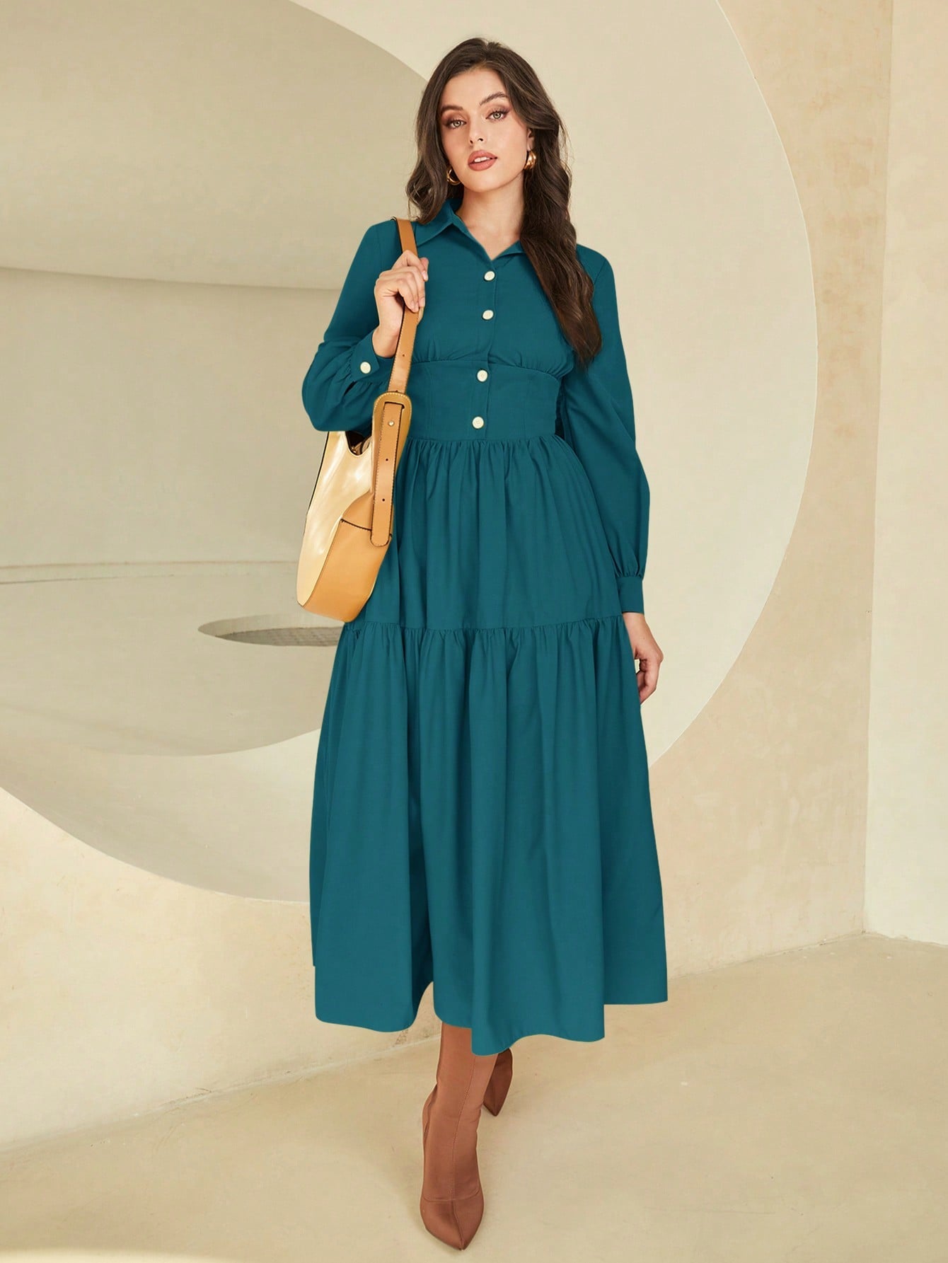 Solid Button Front Ruffle Hem Shirt Dress