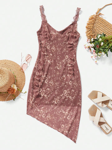 Floral Print Ruffle Trim Asymmetrical Hem Cami Dress