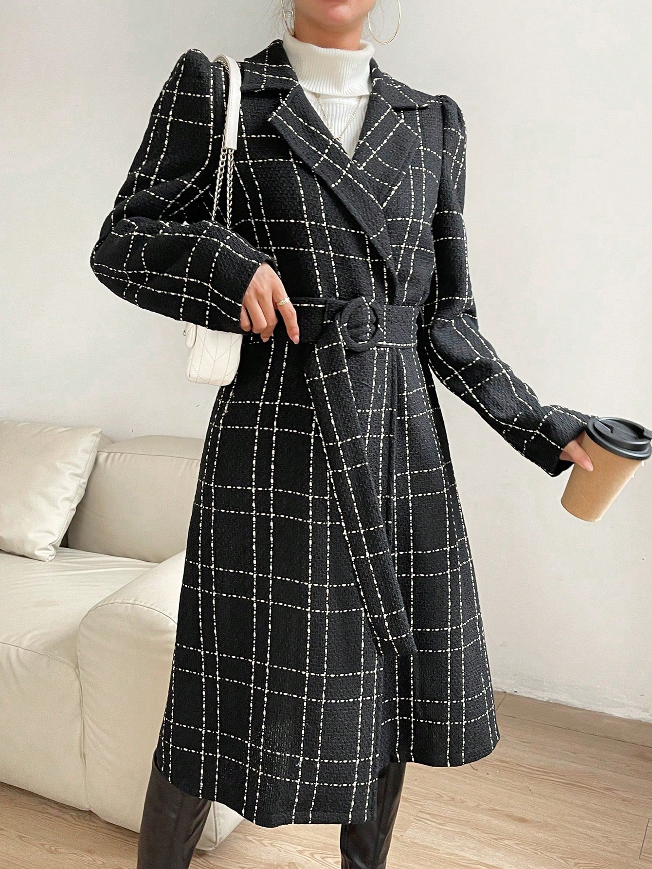 Plaid Lapel Collar Belted Overcoat