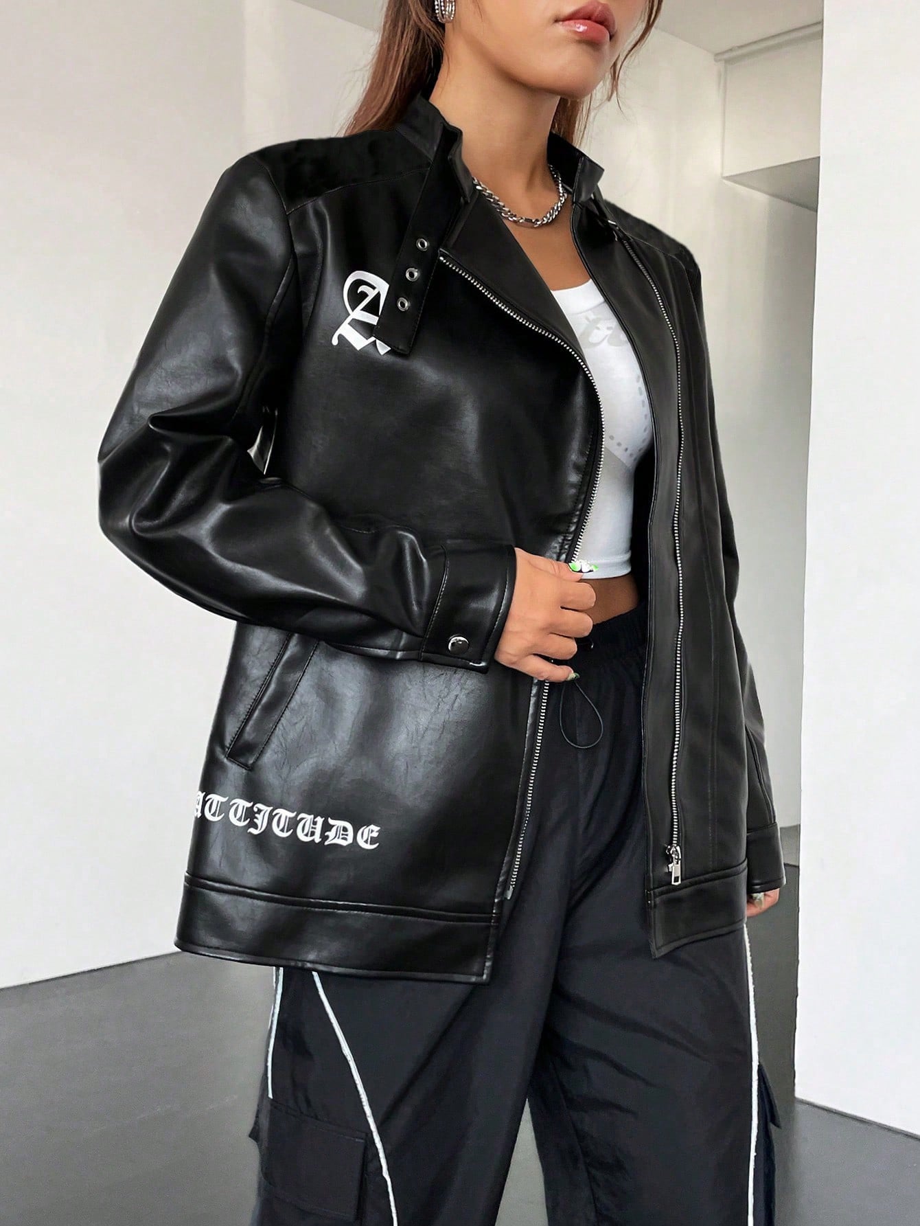 Letter Graphic Zip Up PU Leather Jacket