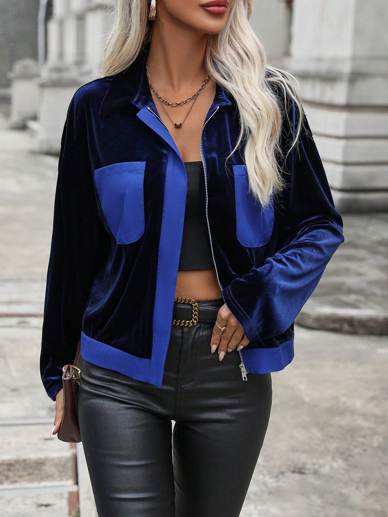 Color-blocked Spliced Jacket With Pocket