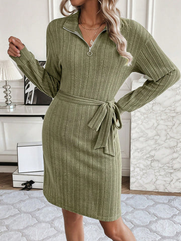 Zipper Front Drop Shoulder Belted Dress