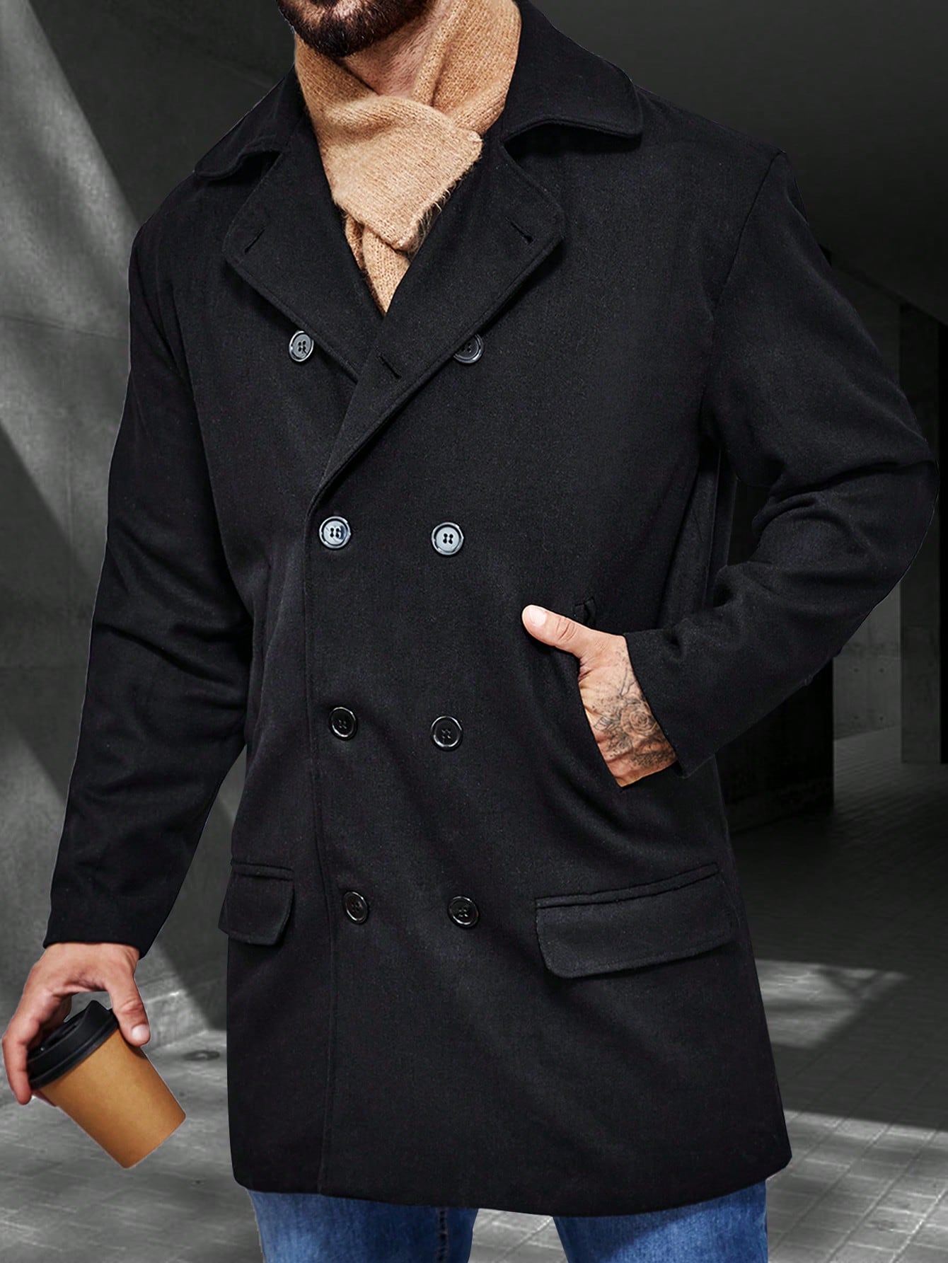 Men's Oversized Double Breasted Overcoat With Flap Pockets