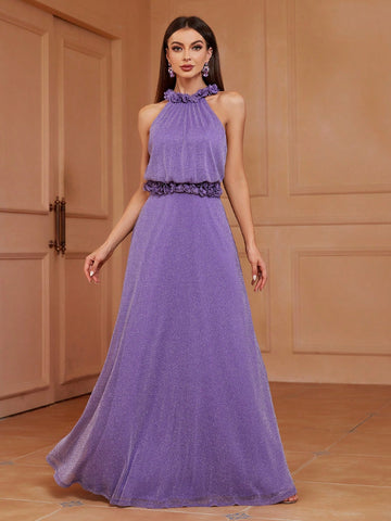 Bridesmaid Dress With 3d Flower Halter Neckline