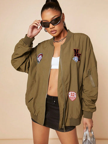 Letter Patched Ruched Bomber Jacket