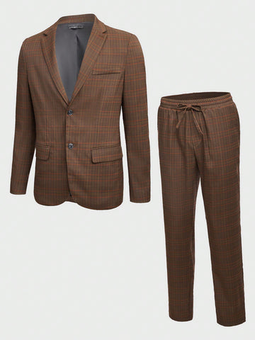 Men Plaid Single Breasted Blazer & Pants Suit Set