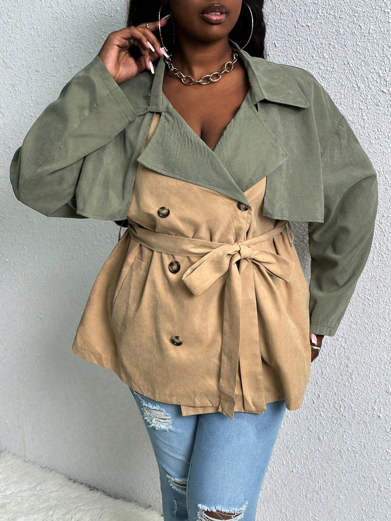 Plus Two Tone Double Breasted Belted Trench Coat