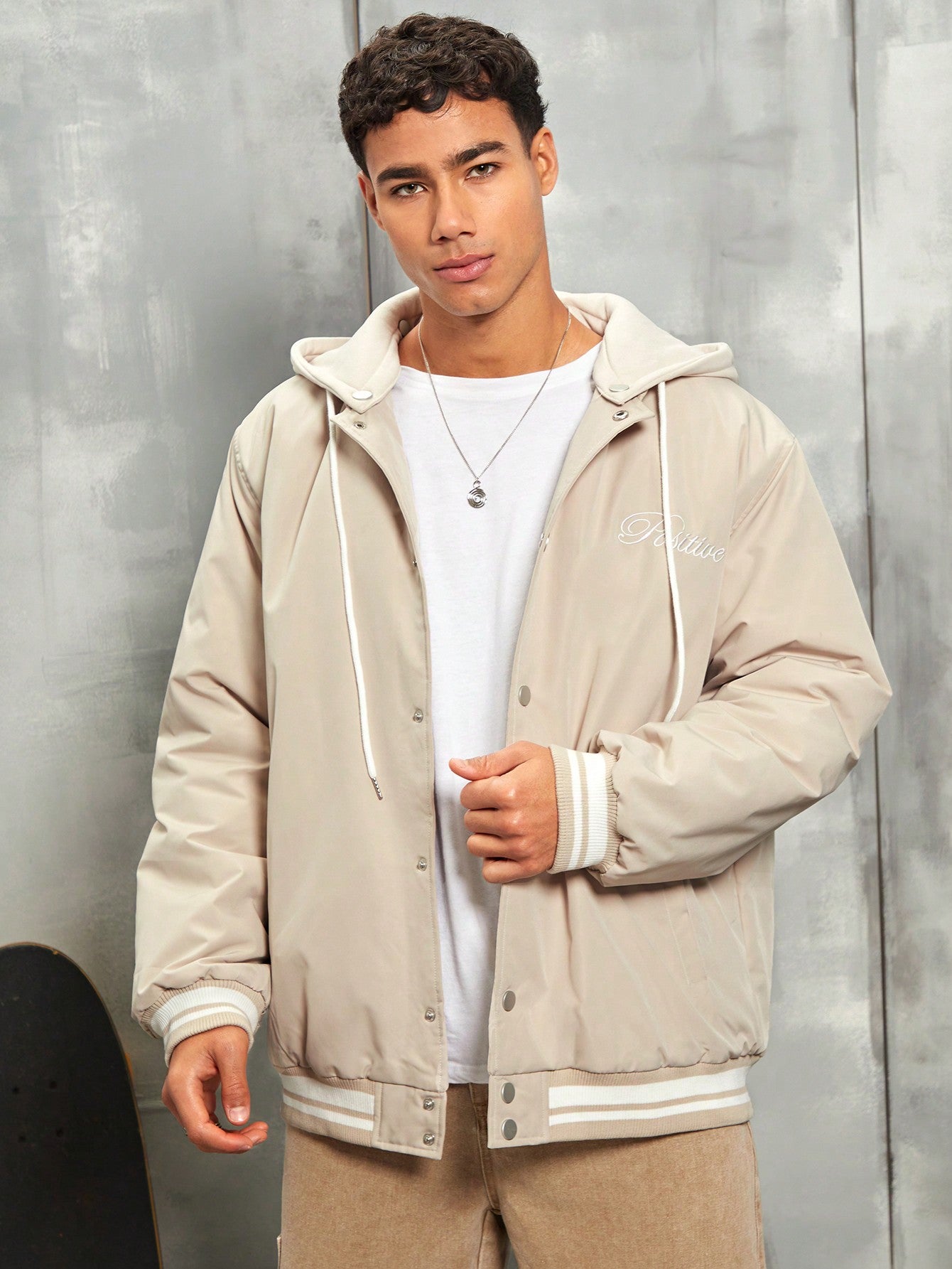 Men's Ultra Loose Fit Hooded Winter Coat With Letter Embroidery, Button Closure And Striped Trim Design