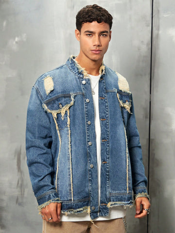 Men's Oversized Distressed Frayed Edge Denim Jacket