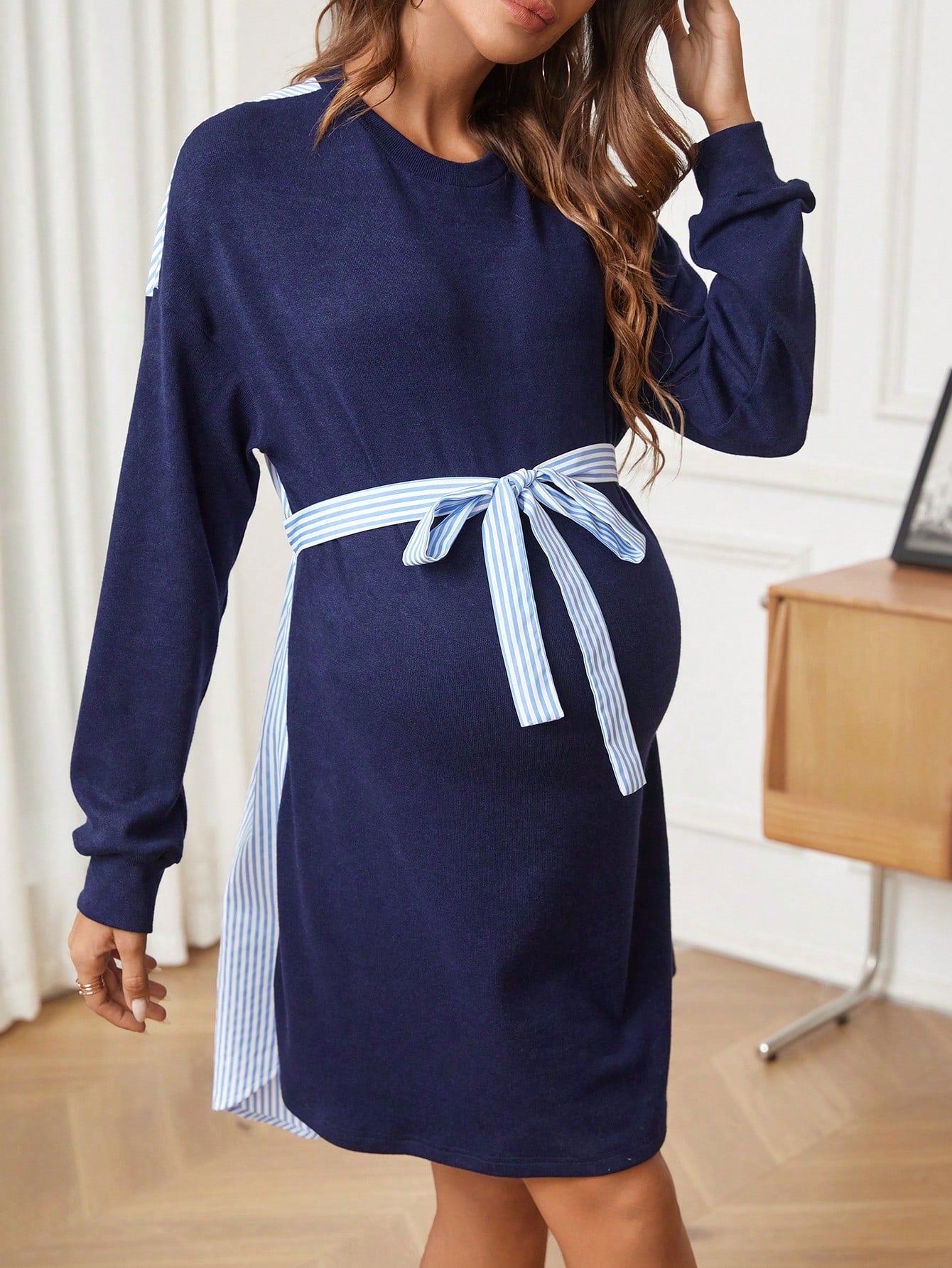 Contrast Stripe Panel Drop Shoulder Belted Dress