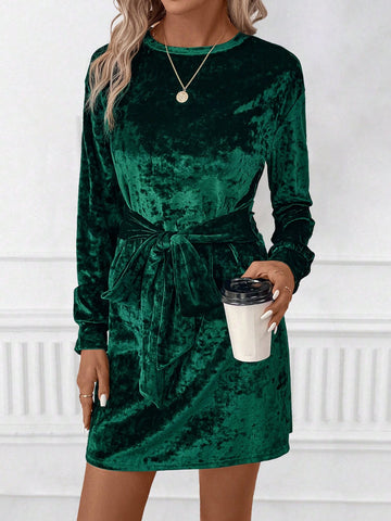 Solid Belted Velvet Dress