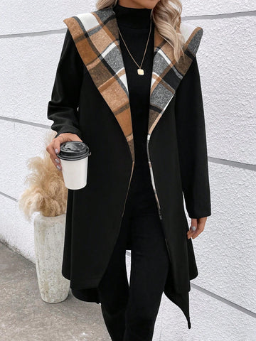 Plaid Print Waterfall Collar Belted Overcoat