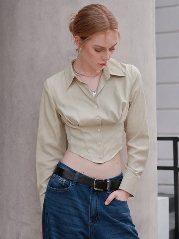 Solid Button Front Crop Shirt