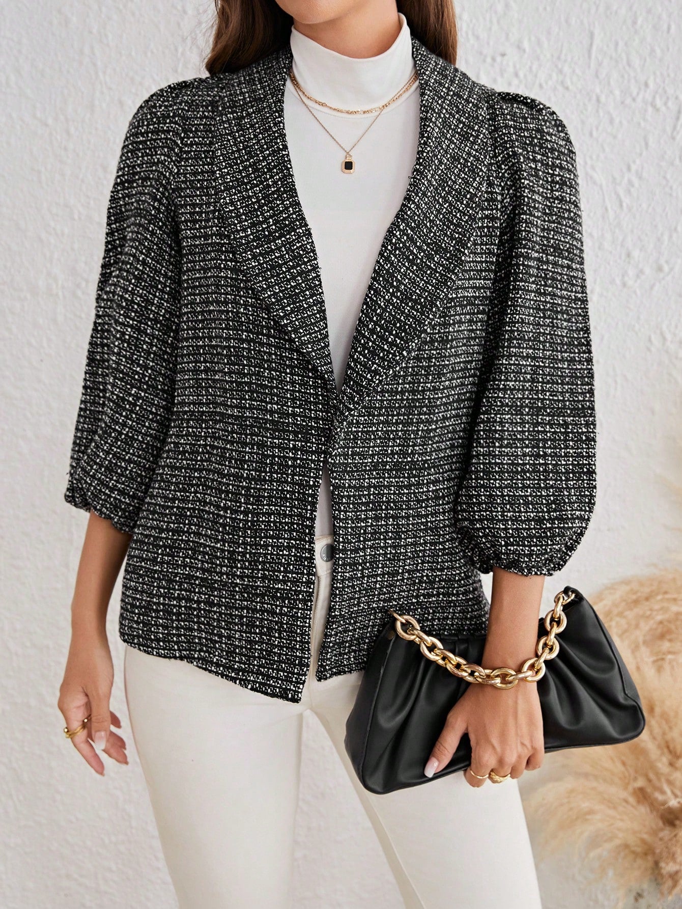 Plaid Print Shawl Collar Puff Sleeve Tweed Overcoat