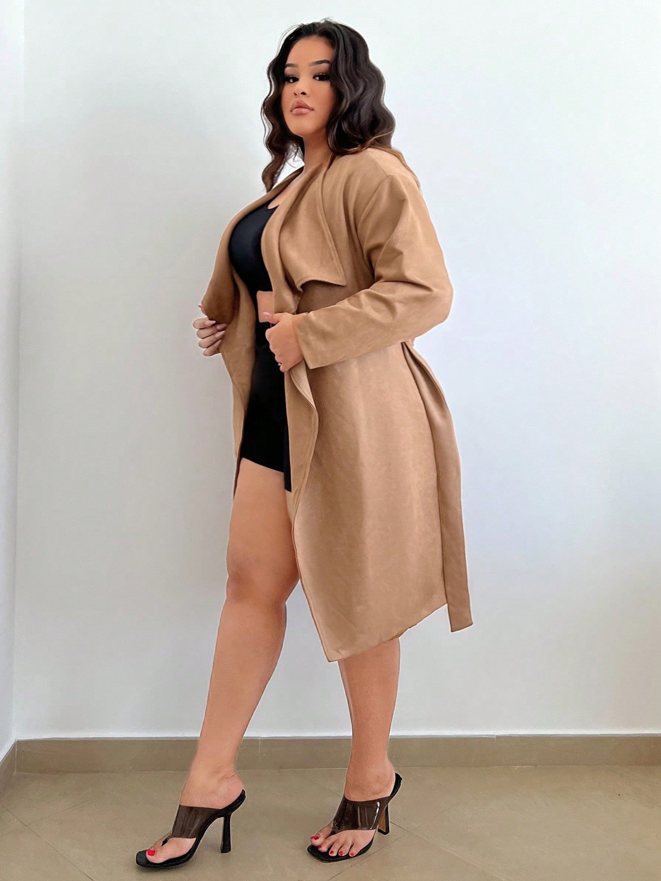 Plus Size Waterfall Collar Trench Coat With Belt