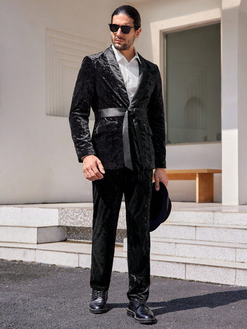 Men Shawl Collar Velvet Blazer & Pants Without Belt