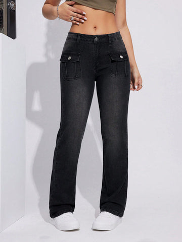 Flap Pocket Flare Leg Jeans