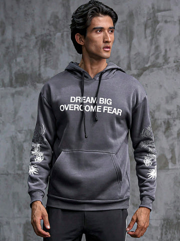 Men Letter Graphic Kangaroo Pocket Drawstring Sports Hoodie