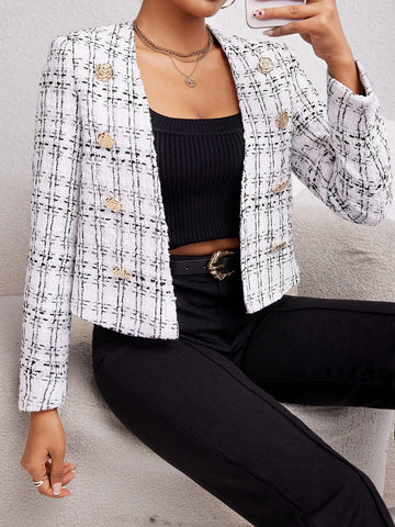 Plaid Print Double Breasted Tweed Overcoat