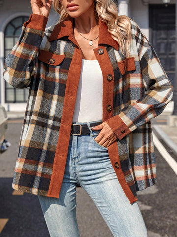 Women's Plaid Fake Pocket Woolen Jacket