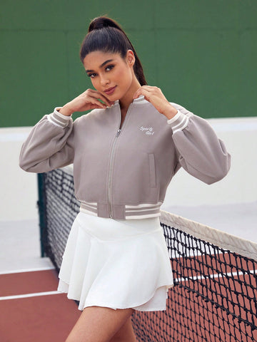 Letter Embroidery Striped Trim Drop Shoulder Bomber Jacket,Women Tennis Outfit