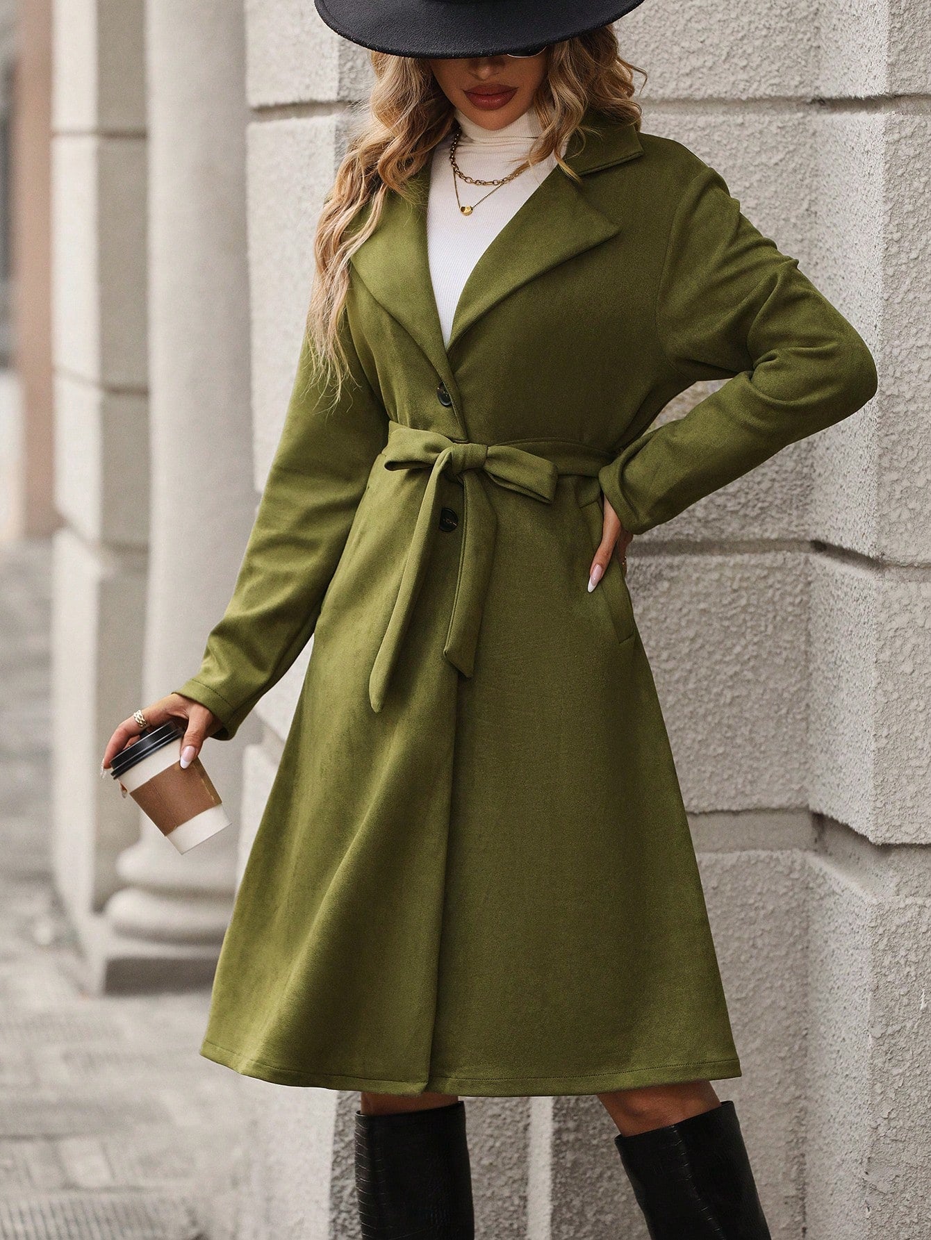 Lapel Neck Belted Trench Coat