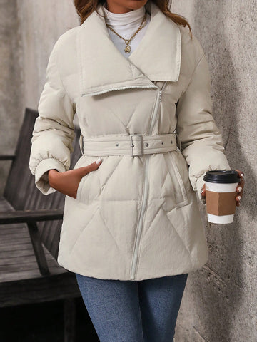 Collared Puffer Coat With Diagonal Zipper, Belted