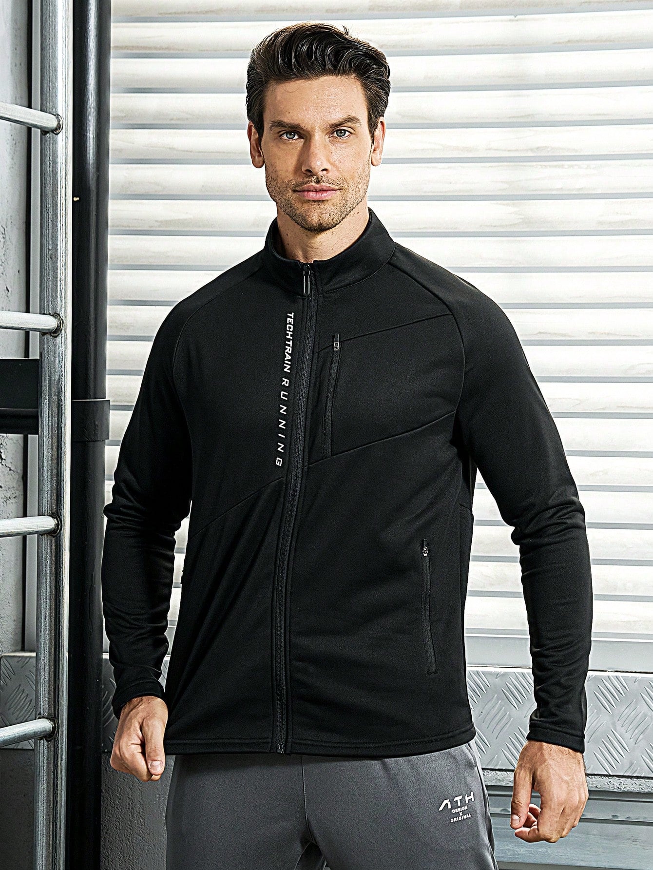 Men's Letter Print Zip-Front Raglan Sleeve Sports Jacket With Front Pockets Workout Tops