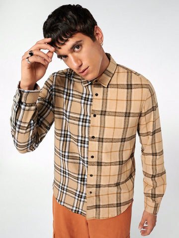 Loose Men's Woven Casual Patchwork Plaid Shirt