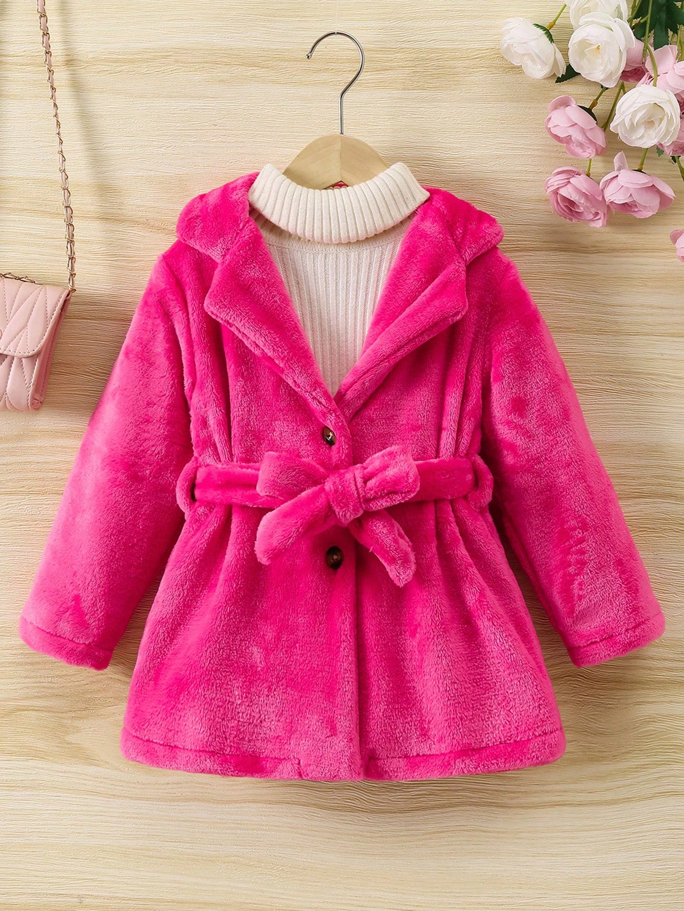 Little Girls' Thickened Fleece Lined Coat With Belt, Casual And Fashionable All-match Fall Or Winter Outfit For Holiday