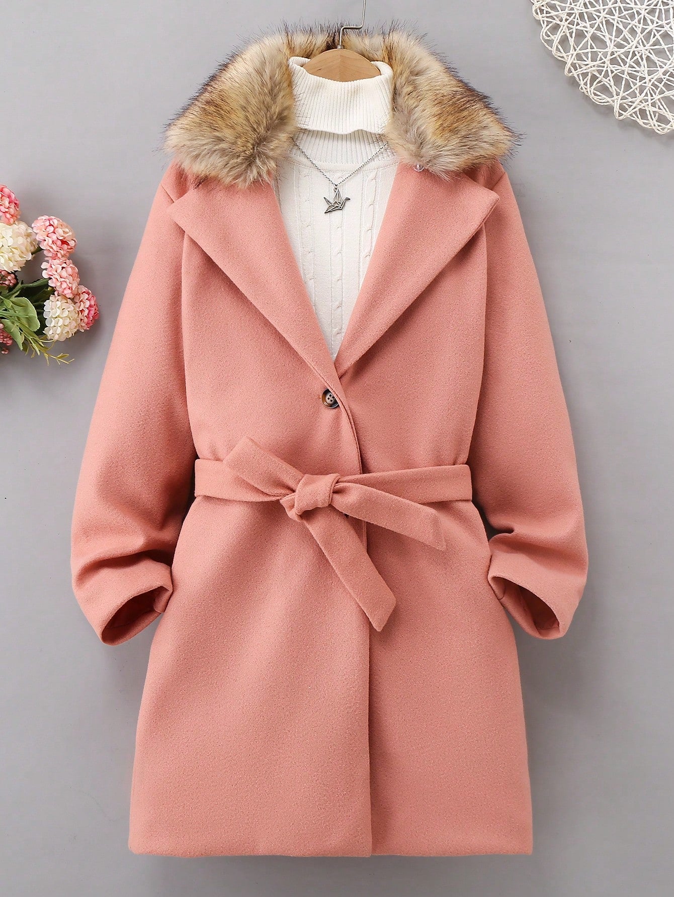 Girls' (big) Solid Color Wool Coat With Suit Collar And Fur Collar