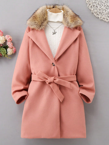 Girls' (big) Solid Color Wool Coat With Suit Collar And Fur Collar