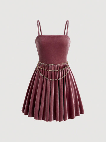 Chain Detail Pleated Hem Cami Dress