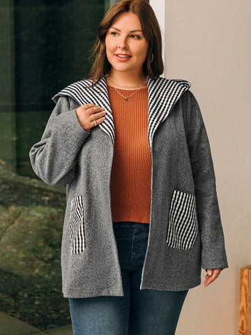 Plus Size Plaid Woolen Coat With Large Pockets