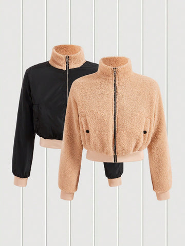 Zip-front Teddy Jacket With Slanted Pockets