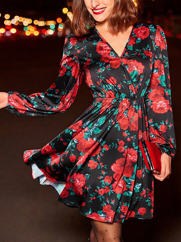 Floral Print Lantern Sleeve Dress