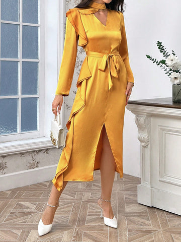 Ruffle Trim Split Thigh Belted Satin Dress