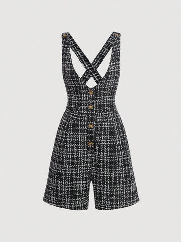 Button Front Crisscross Back Plaid Tweed Pinafore Romper