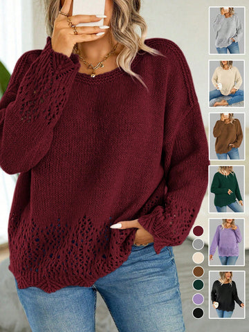 Plus Size Solid Color Hollow Out Drop Shoulder Sweater