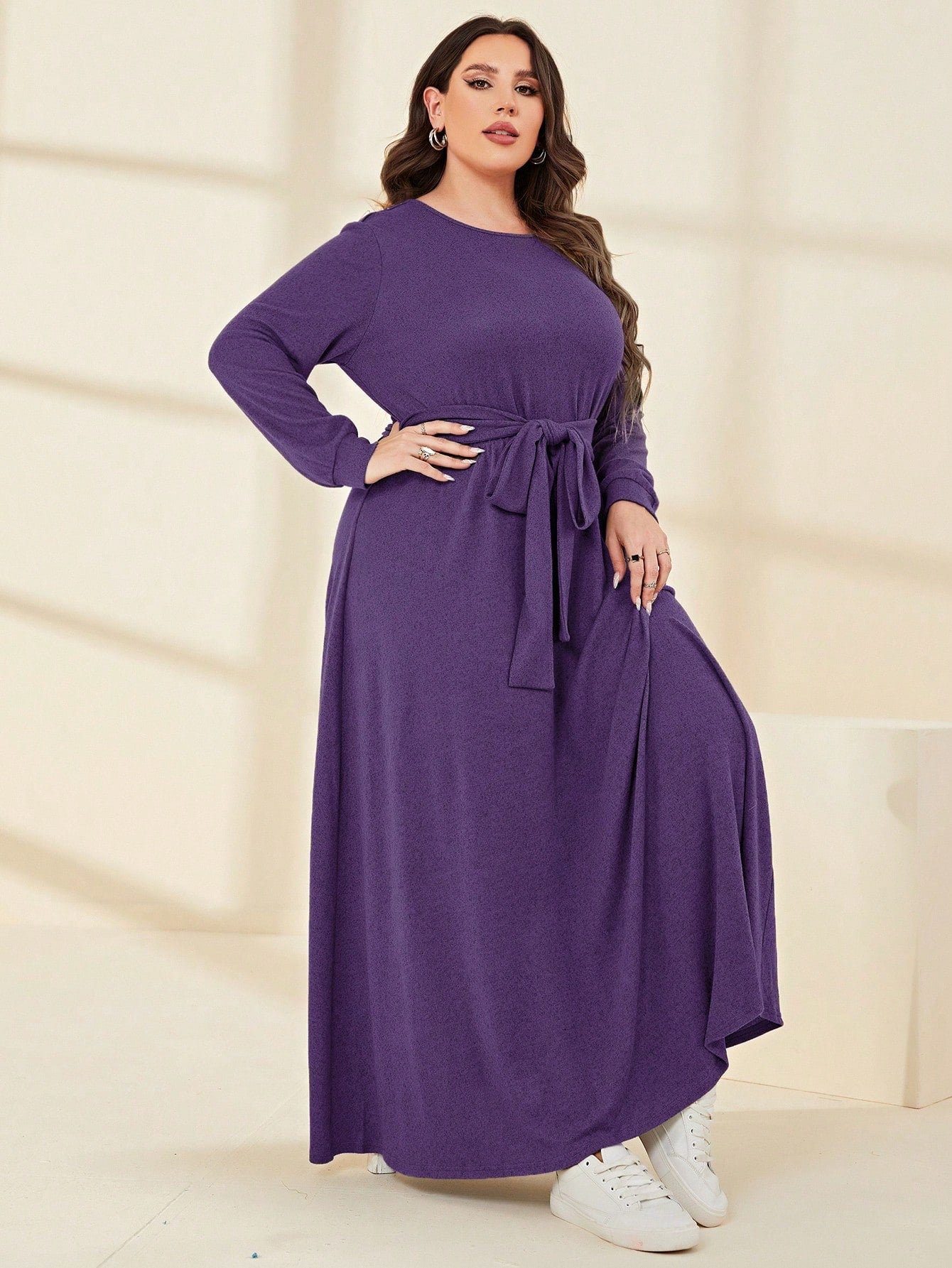 Plus Size Solid Color Belted A-line Dress