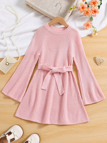 Little Girls' Raglan Sleeve Sweater Dress With Waist Belt