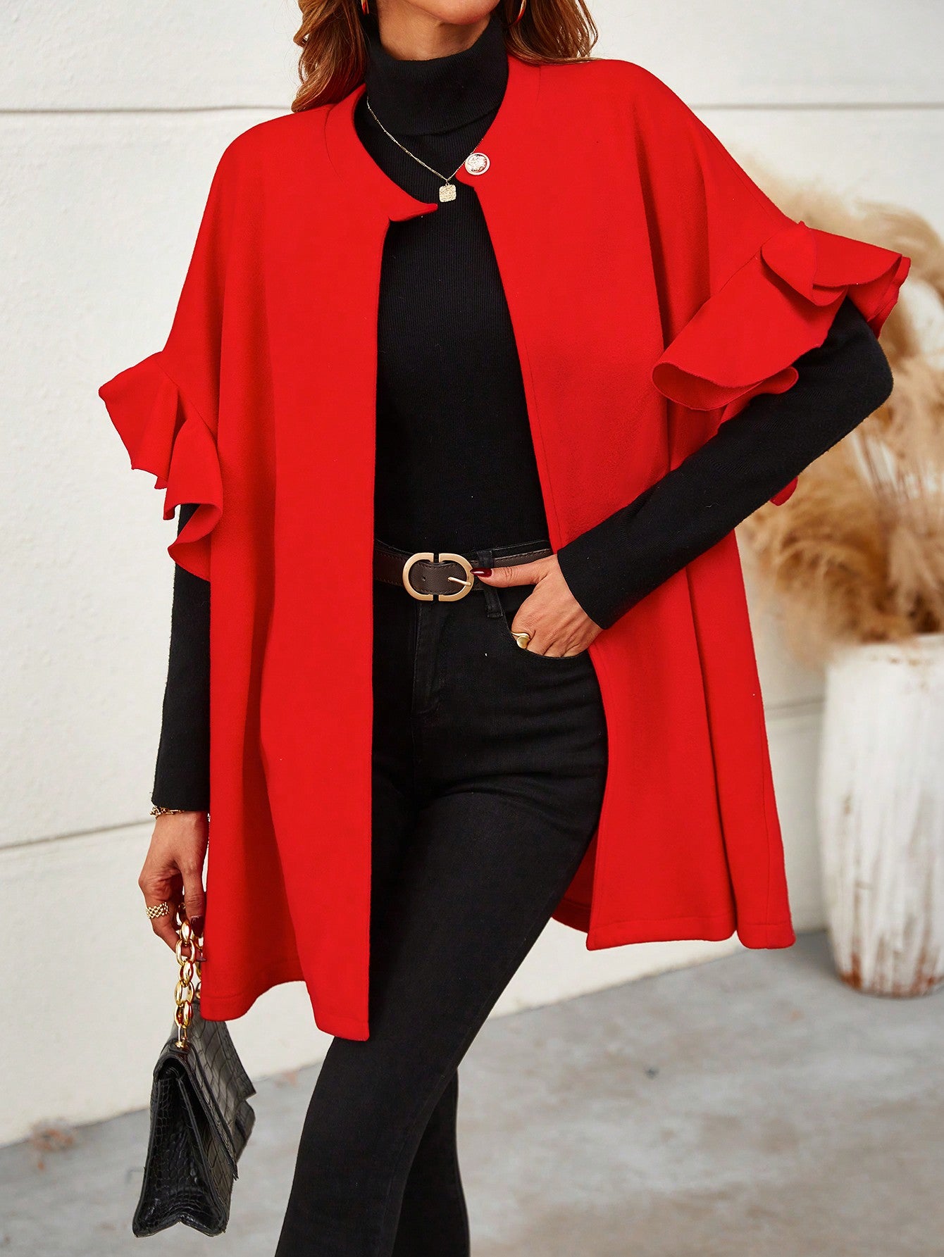 Ruffle Trim Batwing Sleeve Open Front Overcoat