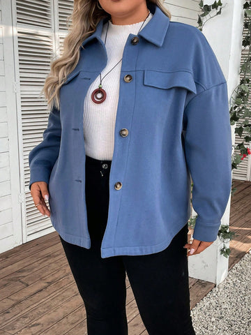 Plus Size Faux Pocket Woolen Jacket