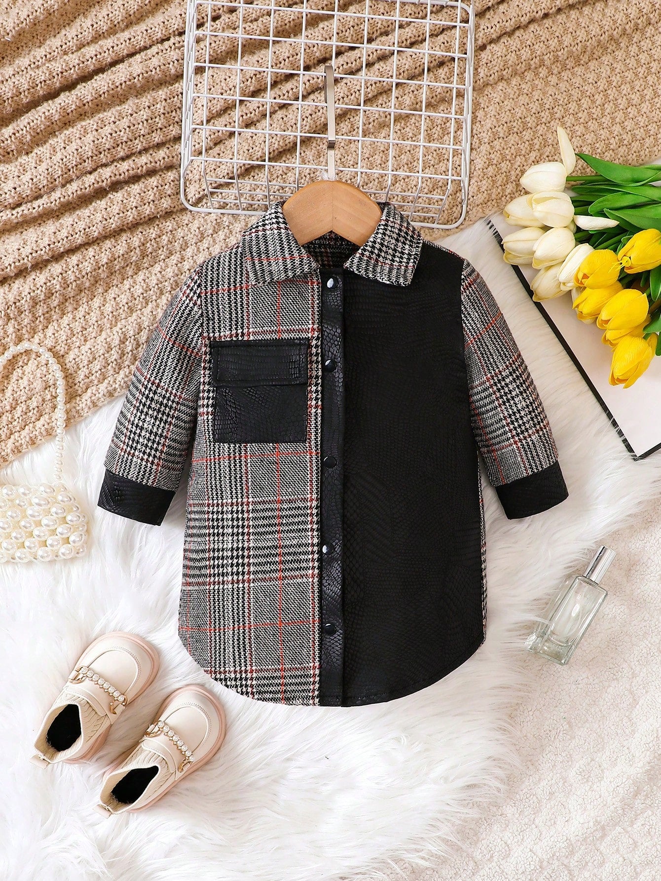 Baby Girls' Plaid Patchwork Elegant Collared Woolen Coat For Autumn/winter