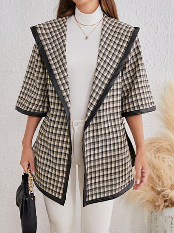 Plaid Contrast Binding Hooded Open Front Overcoat