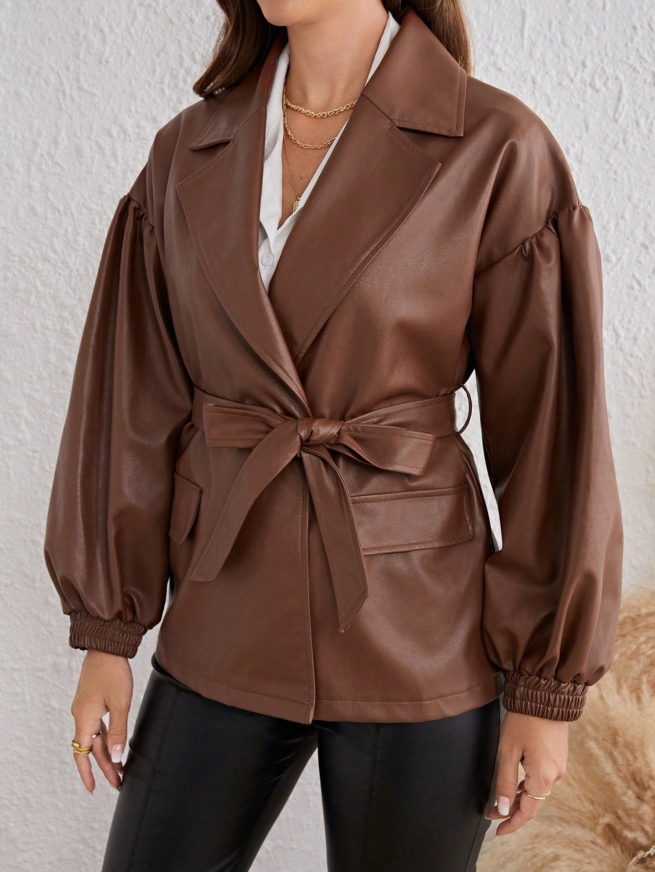 Lapel Neck Lantern Sleeve Belted PU Leather Coat