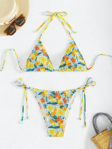 Women's Floral Printed Halter Neck Bikini Set