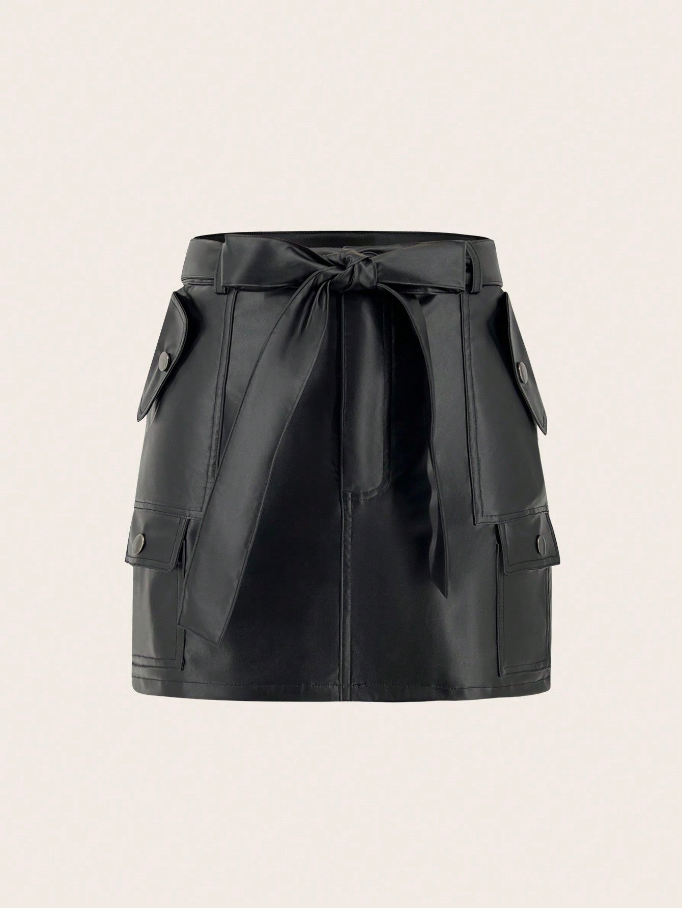 Women'S Pu Leather Belted Skirt